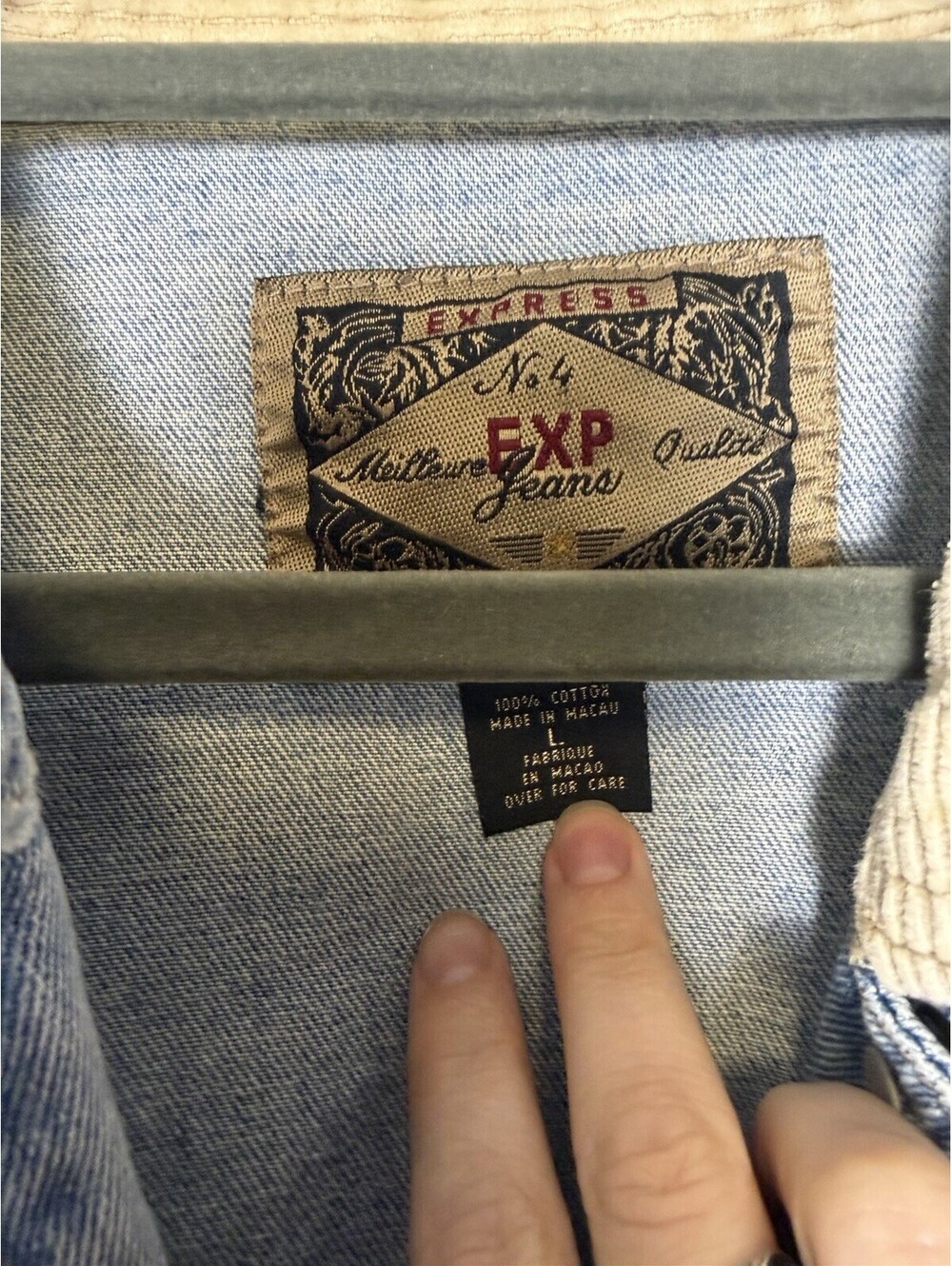 Vintage 90s Express Denim Chore Jacket With Tan Corduroy Collar Size Large - Picture 5 of 6